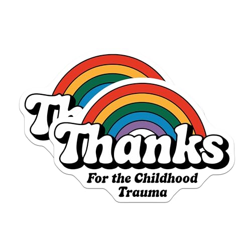 (2 Pack) Thanks for The Childhood Trauma Stickers - Retro Rainbow Design - Funny Therapy Stickers - 5" On Longest Side - Sticks to Smooth Flat Surfaces - Made in USA - BMCS5604