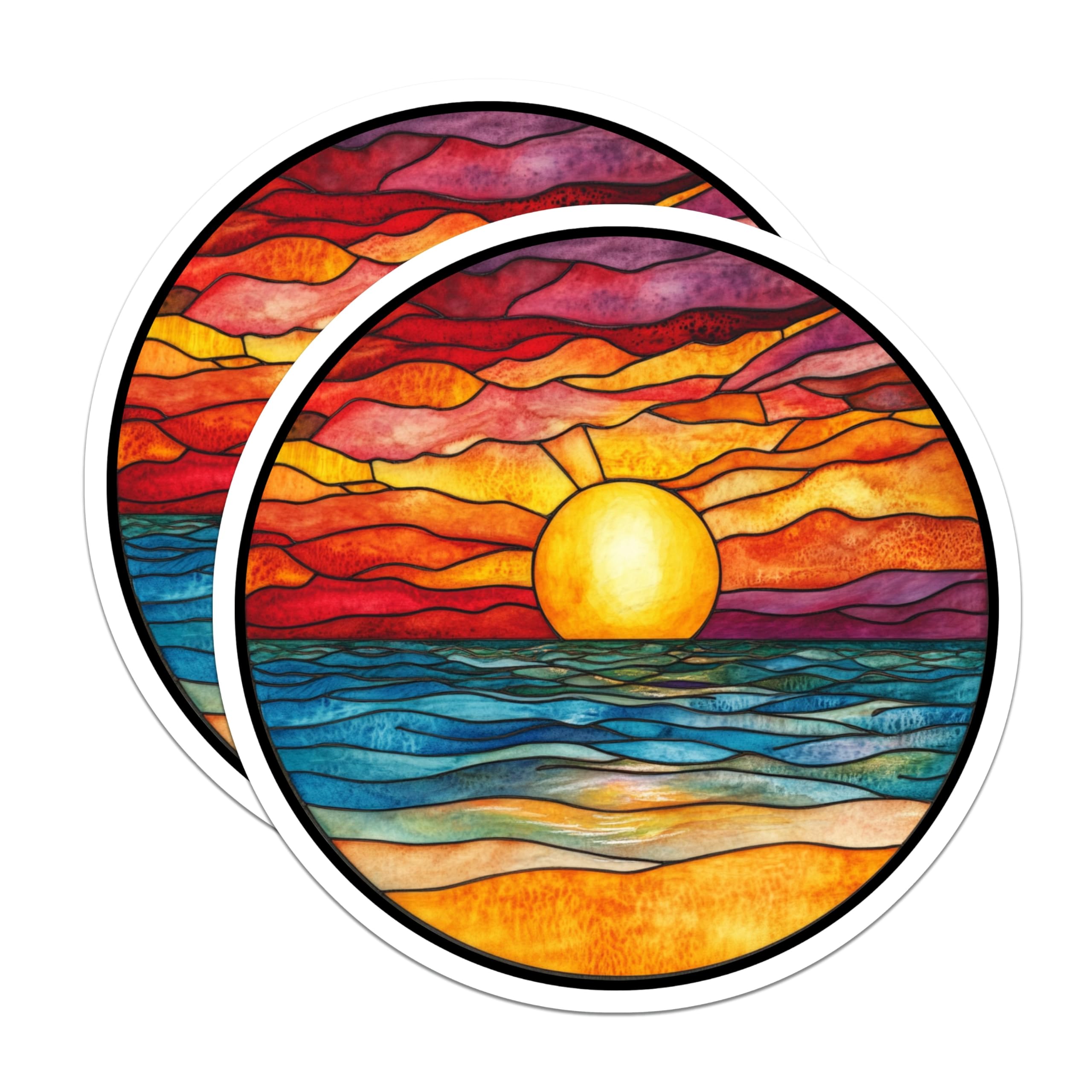 (2 Pack) Stained Glass Sunset Magnets - Ocean Beach Art - Vibrant Fridge Decor - 5 Inches On Longest Side - Thick Durable Magnet - Made in USA - MAG25958