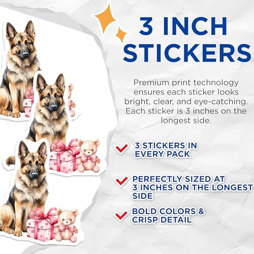 (3 Pack) German Shepherd Decals - Teddy Bear Present - Dog Lovers Gifts - 3 Inches On Longest Side - Easy Peel & Apply - Made in USA - 3MCS2251