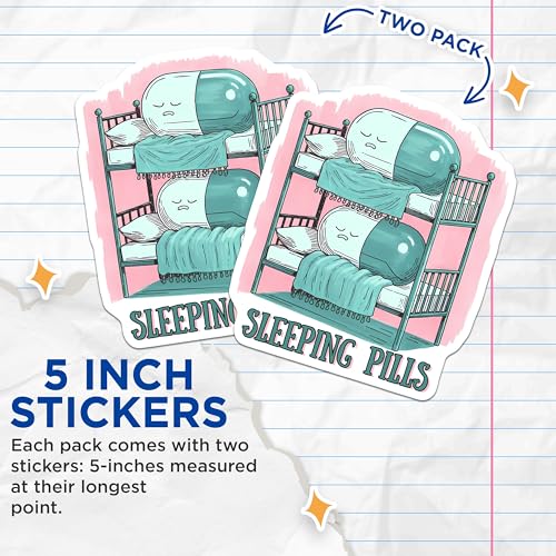 (2 Pack) Funny Sleeping Pills Stickers - Cartoon Medication - Cute Pharmacy Humor Decal - 5" On Longest Side - Sticks to Smooth Flat Surfaces - Made in USA - BMCS7632