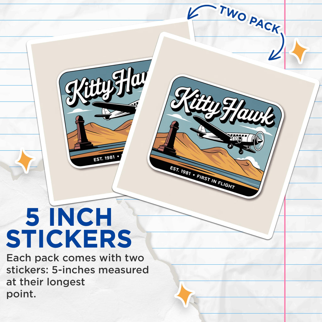 (2 Pack) Kitty Hawk Stickers - Vintage Airplane - First in Flight Decal - 5" On Longest Side - Sticks to Smooth Flat Surfaces - Made in USA - BMCS17315