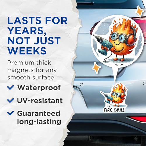 (2 Pack) Fire Drill Magnets - Cute Fire Character - Fun Kitchen Decor - Kids Safety Reminder - Fire Safety Training - 5" On Longest Side - for Cars, Fridges, Toolboxes - Made in USA - MAG7596