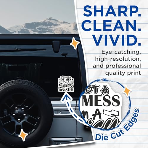 (2 Pack) Hot Mess Stickers - Funny Quote - Spicy Disaster Decal - 5" On Longest Side - Sticks to Smooth Flat Surfaces - Made in USA - BMCS8912