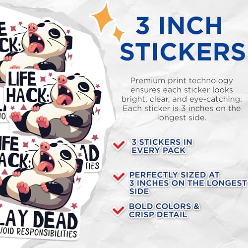(3 Pack) Play Dead Decals - Funny Opossum - Life Hack Laptop - 3 Inches On Longest Side - Easy Peel & Apply - Made in USA - 3MCS4848