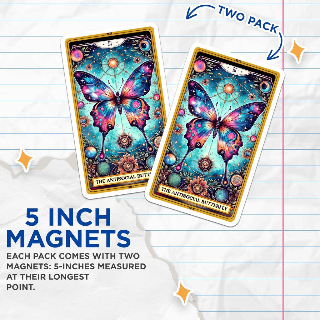 (2 Pack) Antisocial Butterfly Magnets - Celestial Tarot Card Decor - Introvert Aesthetic Witchy Art - 5 Inches On Longest Side - Thick Durable Magnet - Made in USA - MAG25106