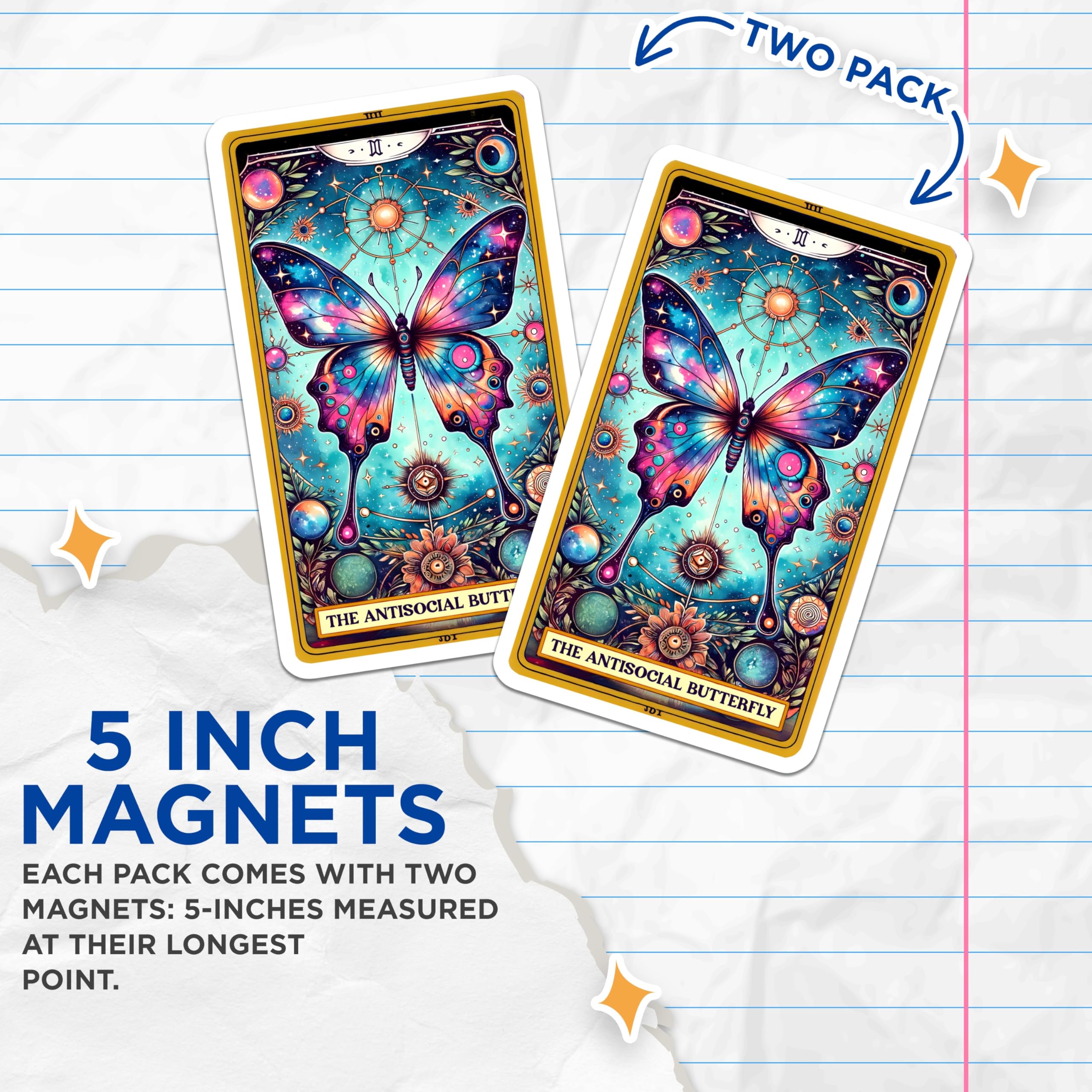 (2 Pack) Antisocial Butterfly Magnets - Celestial Tarot Card Decor - Introvert Aesthetic Witchy Art - 5 Inches On Longest Side - Thick Durable Magnet - Made in USA - MAG25106