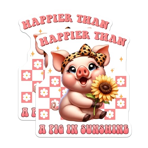 (2 Pack) Happier Than A Pig in Sunshine Stickers - Cute Pig - Fun Animal for Laptops and Water Bottles - 5" On Longest Side - Sticks to Smooth Flat Surfaces - Made in USA - BMCS7929