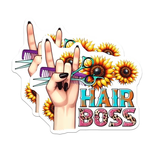 (2 Pack) Hair Boss Stickers - Sunflower Scissors - Salon Owner Decal - 5" On Longest Side - Sticks to Smooth Flat Surfaces - Made in USA - BMCS7581