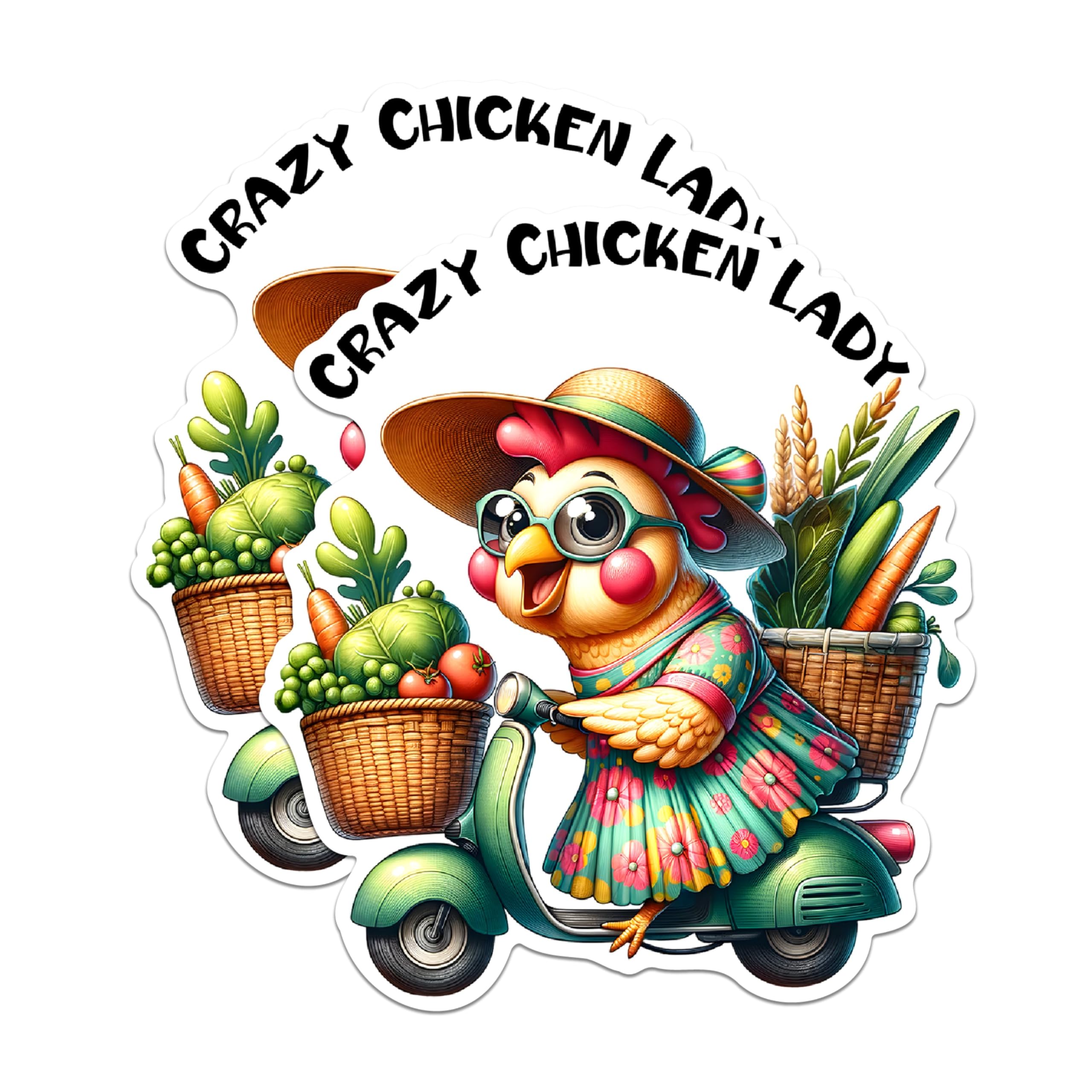 (2 Pack) Crazy Chicken Lady Stickers - Funny Farm Animal Stickers - Cute Cartoon Chicken Stickers - 5" On Longest Side - Sticks to Any Smooth Flat Surface - Made in USA - BMCS2923