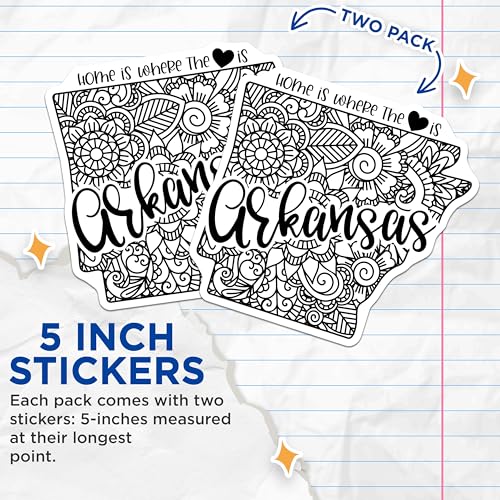 (2 Pack) Arkansas State Stickers - Home is Where The Heart is - Mandala Pattern - 5" On Longest Side - Sticks to Smooth Flat Surfaces - Made in USA - BMCS9101