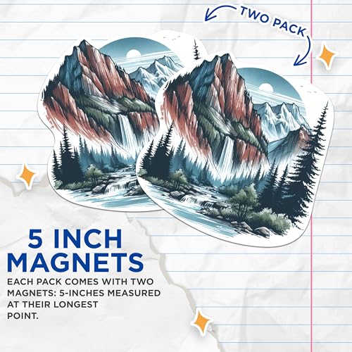 (2 Packs) Mountains Waterfall Magnets - Nature Outdoorsman Hiking Hiker Magnets - 5 Inches On Longest Side - Premium Magnet - for Fridges, Toolboxes, Cars - Made in USA - MAG2287