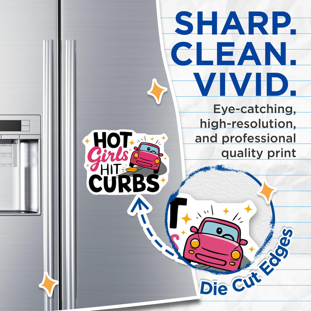 (2 Pack) Hot Girls Hit Curbs Magnets - Funny Driving Humor Decor - Sarcastic Auto Lover Accessory - Pink Cartoon Car Art - 5 Inches On Longest Side - Thick Durable Magnet - Made in USA - MAG20436