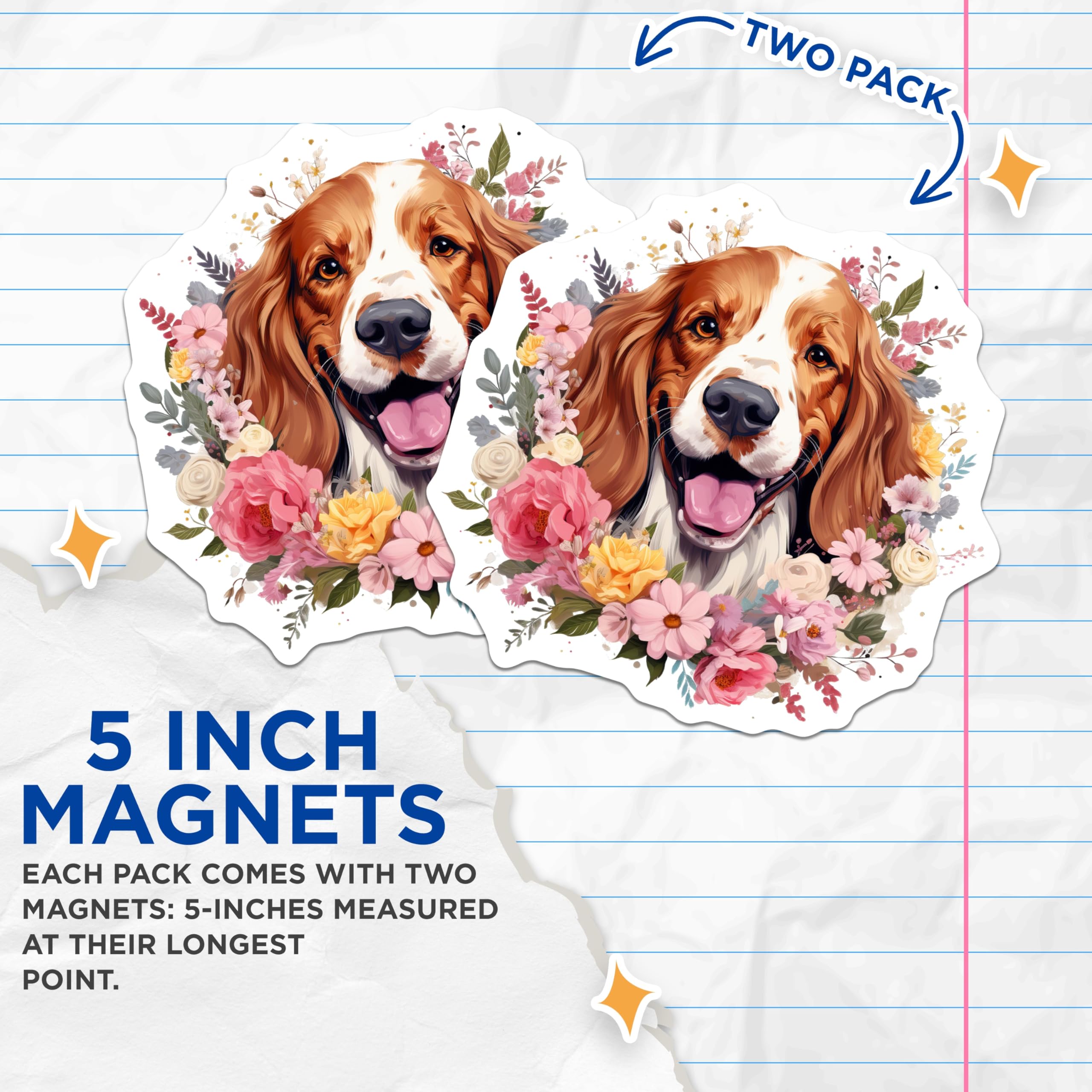 (2 Pack) Floral Spaniel Dog Magnets - Cute Dog Lover Fridge Magnets - Spring Kitchen Decor for Dog Moms - 5 Inches On Longest Side - Thick Durable Magnet - Made in USA - MAG29972