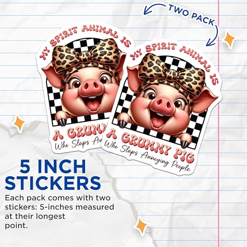 (2 Pack) Funny Animal Stickers - Grumpy Pig - Humor Decals for Laptops - 5" On Longest Side - Sticks to Smooth Flat Surfaces - Made in USA - BMCS7933