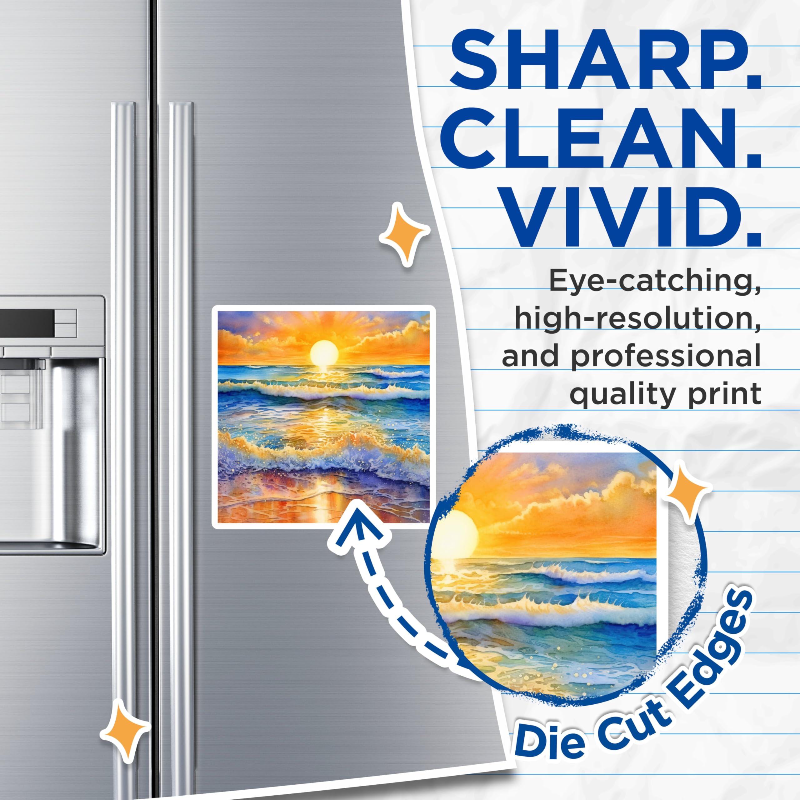 (2 Pack) Ocean Sunset Magnets - Watercolor Waves Art - Coastal Beach Fridge Decor - 5 Inches On Longest Side - Thick Durable Magnet - Made in USA - MAG23972