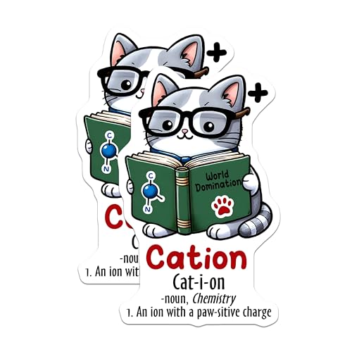 (2 Pack) Science Cat Stickers - Chemistry Cat - Cation Definition for Science Lovers - 5" On Longest Side - Sticks to Smooth Flat Surfaces - Made in USA - BMCS8028
