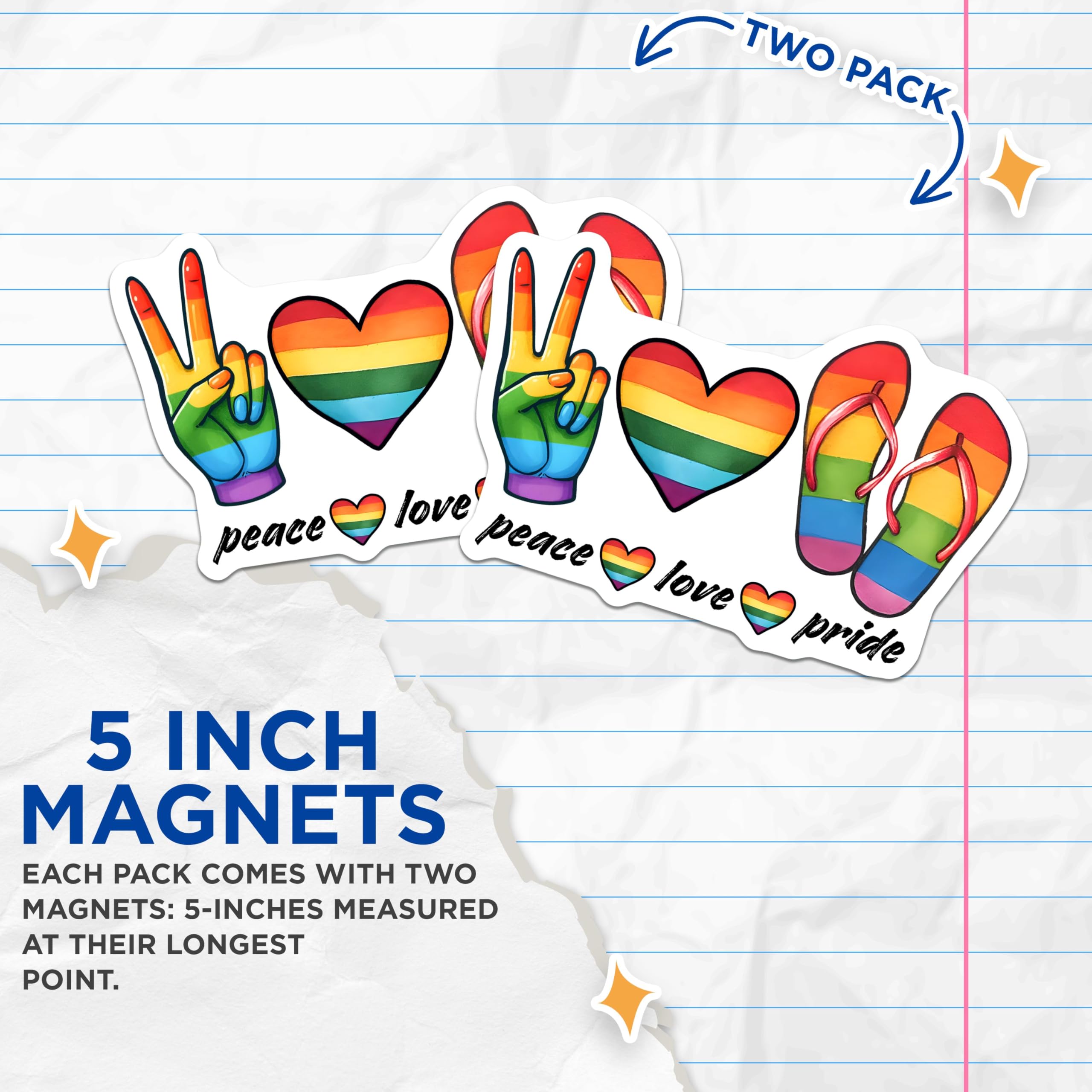 (2 Pack) Peace Love Pride Magnets - Rainbow Heart - Flip Flop Decoration - Peace Sign - 5" On Longest Side - for Cars, Fridges, Toolboxes - Made in USA - MAG8276