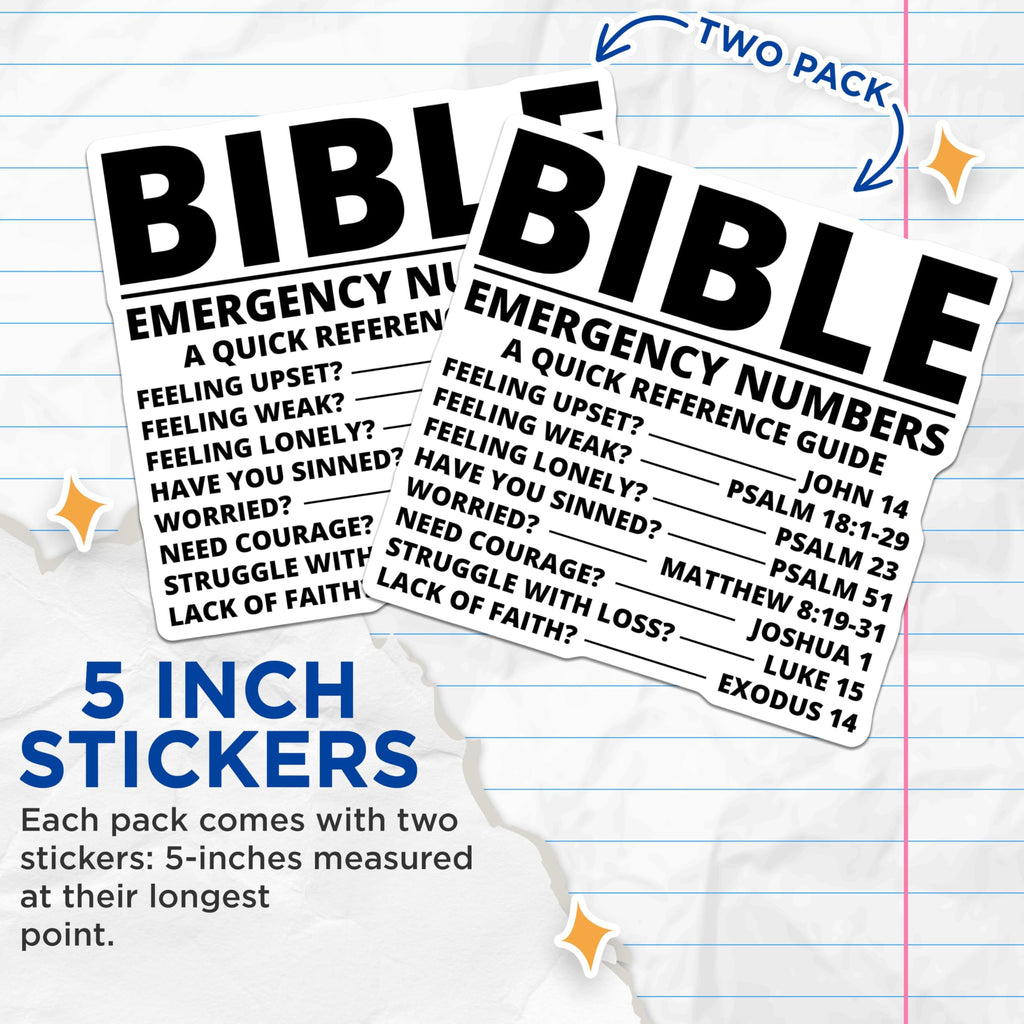 (2 Pack) Bible Emergency Numbers Stickers - Scripture Reference Guide - Christian Faith Decal - 5" On Longest Side - Sticks to Smooth Flat Surfaces - Made in USA - BMCS3874
