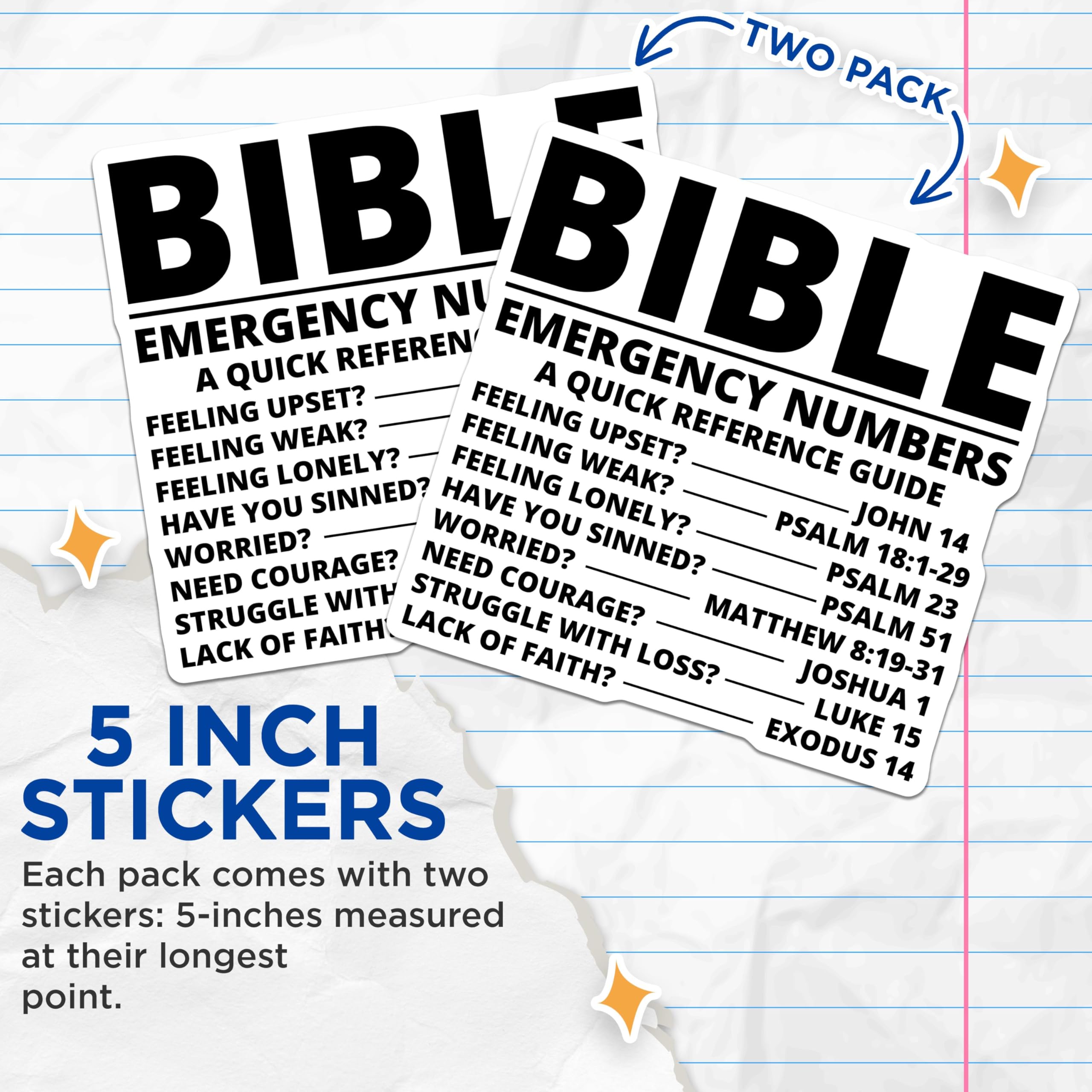 (2 Pack) Bible Emergency Numbers Stickers - Scripture Reference Guide - Christian Faith Decal - 5" On Longest Side - Sticks to Smooth Flat Surfaces - Made in USA - BMCS3874