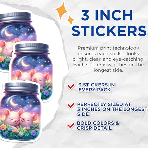 (3 Pack) Pig Decals - Moon and Star Laptop Decal - Cute Animal Stickers - 3 Inches On Longest Side - Easy Peel & Apply - Made in USA - 3MCS8153