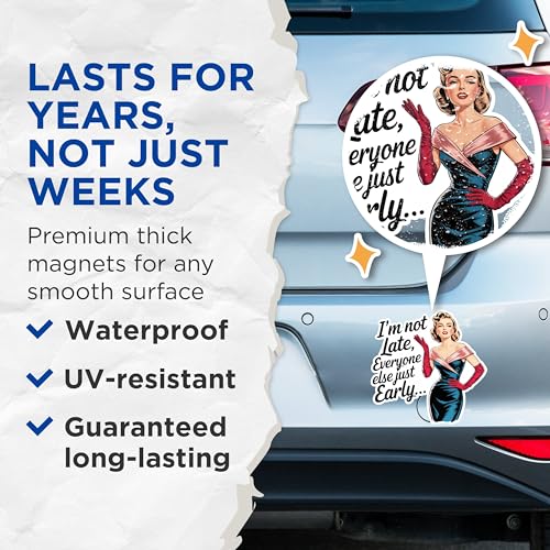 (2 Pack) Funny Retro Magnets - I'm Not Late Magnets - Everyone Else is Early Magnets - Vintage Humor Magnets- 5" On Longest Side - for Fridges, Toolboxes, Cars - Made in USA - MAG2570