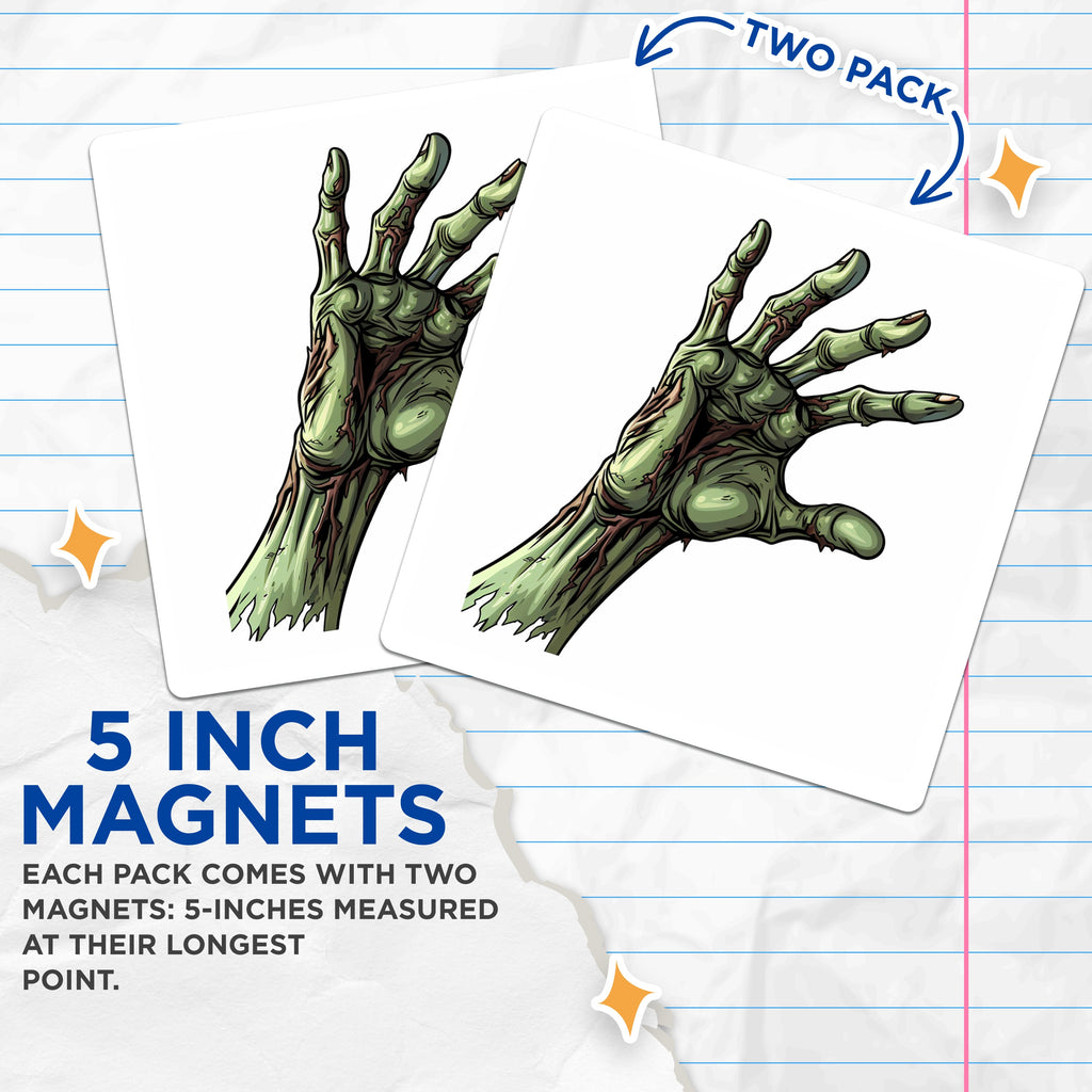 (2 Pack) Zombie Hand Magnets - Spooky Halloween Decoration - Undead Artwork Refrigerator Accessory - Creepy Home Decor - 5 Inches On Longest Side - Thick Durable Magnet - Made in USA - MAG38333