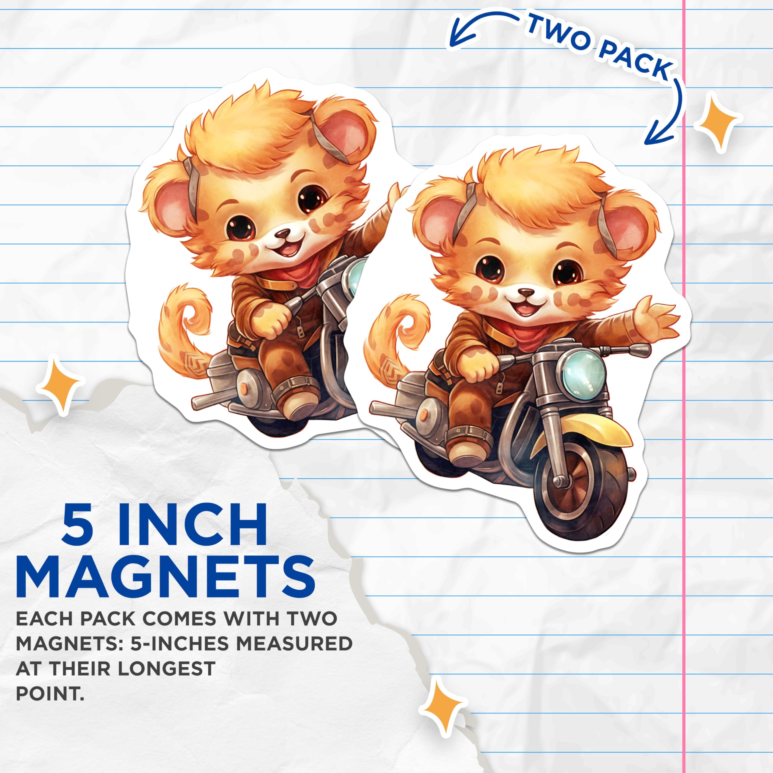 (2 Pack) Bobcat on Motorcycle Magnets - Cute Animal Art - Fridge Decor - 5" On Longest Side - Premium Magnet - for Cars, Refrigerators, Toolboxes, Lockers - Made in USA - MAG16562