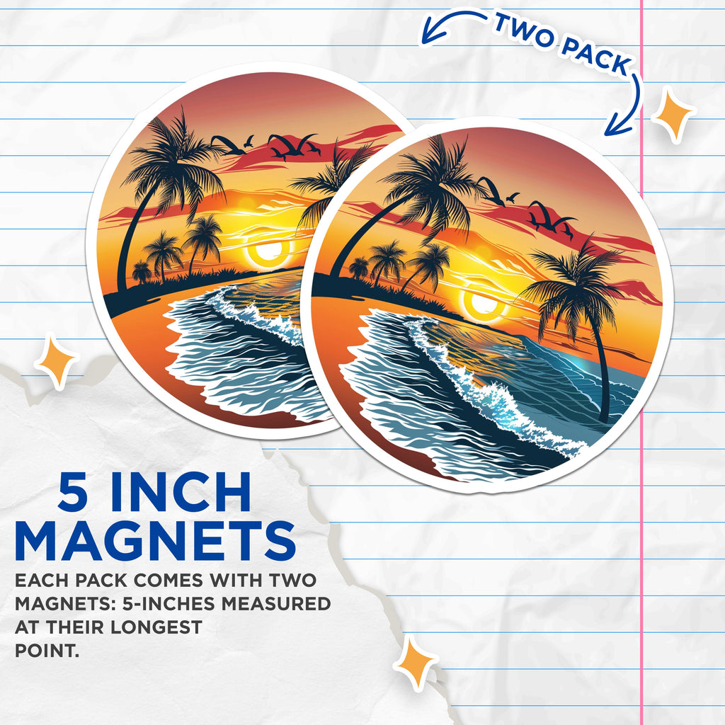 (2 Pack) Beach Sunset Palm Tree Magnets - Tropical Ocean Wave - Coastal Vibe Decor - Summer Vacation Souvenir - 5 Inches On Longest Side - Thick Durable Magnet - Made in USA - MAG37164