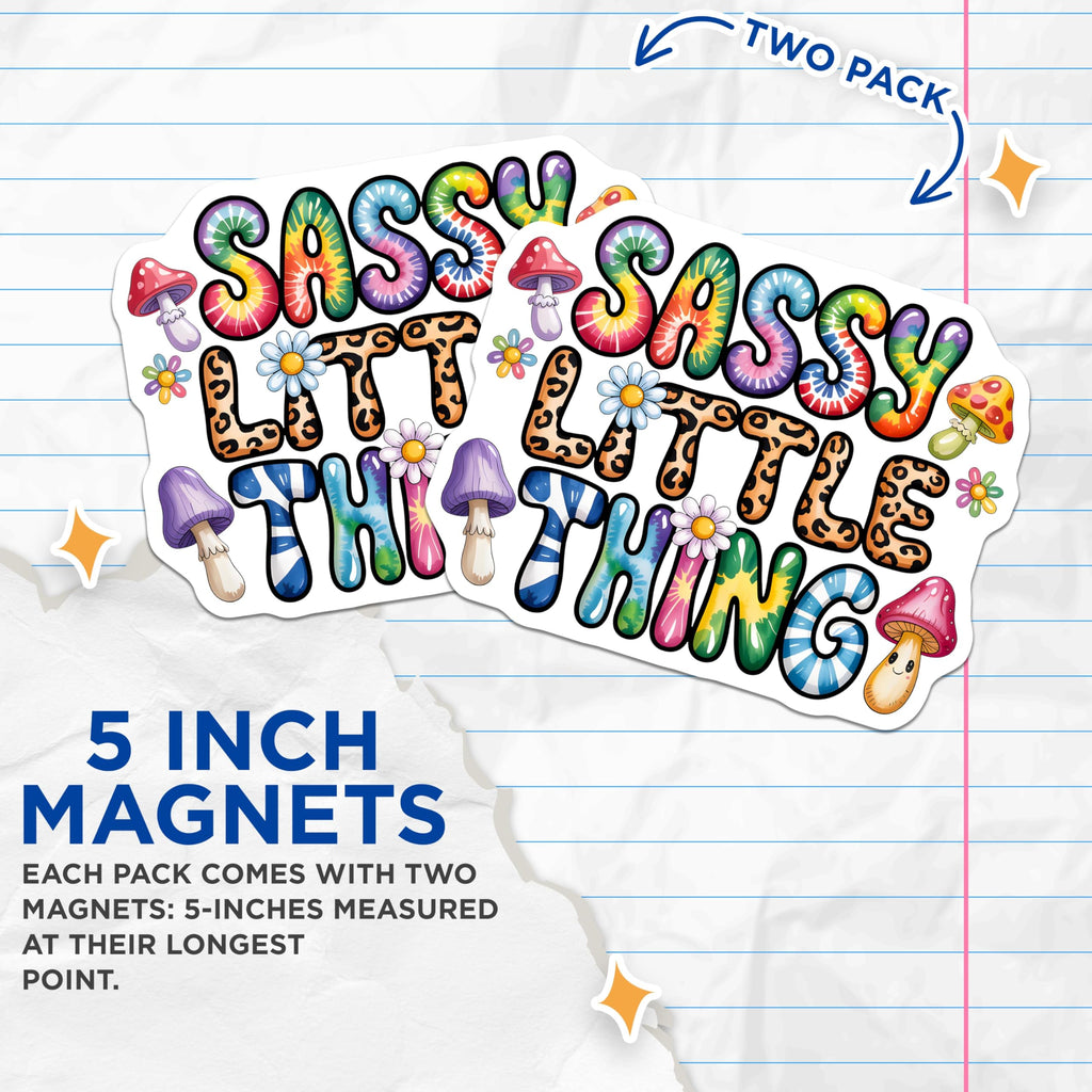 (2 Pack) Sassy Little Thing Magnets - Retro Groovy Hippie Aesthetic Decor - Whimsical Mushroom Floral Fridge Magnet - 5 Inches On Longest Side - Thick Durable Magnet - Made in USA - MAG28621