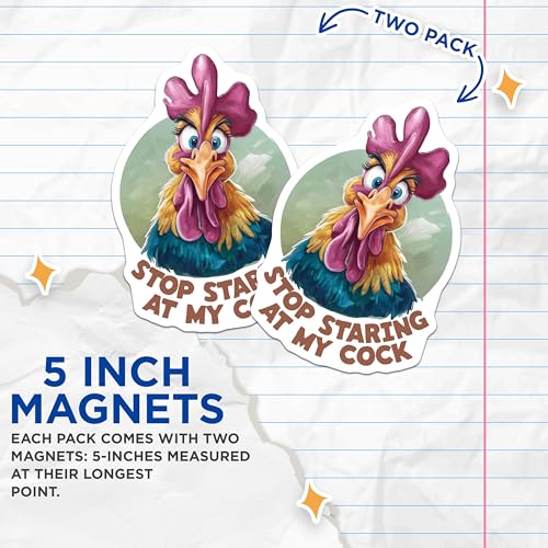 (2 Pack) Stop Staring at My Cock Magnets - Funny Rooster - Chicken Humor - Animal Lover - Fridge Art - 5" On Longest Side - for Cars, Fridges, Toolboxes - Made in USA - MAG4548
