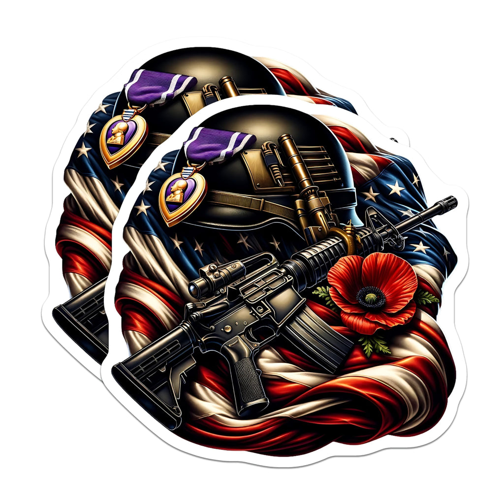 Patriotic Sticker, Military Sticker, American Flag Sticker, Purple Heart, Gun Sticker, Poppy, Veteran Sticker - 5" On Longest Side - Sticks to Smooth Flat Surfaces - Made in USA - BMCS14129