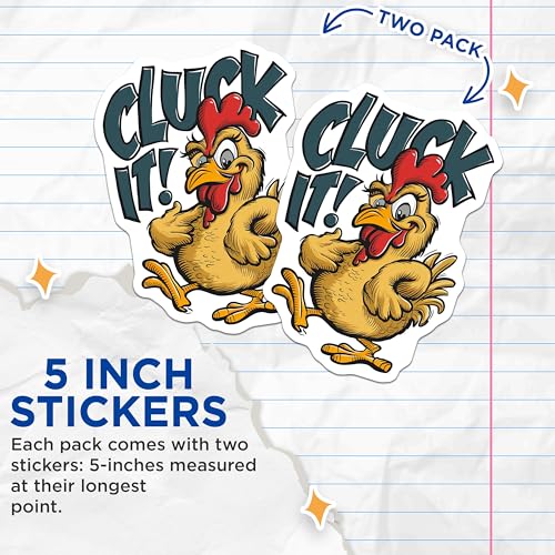 (2 Pack) Cluck It Chicken Stickers - Funny Chicken Cartoon Stickers - Humorous Farm Animal Stickers - 5" On Longest Side - Sticks to Smooth Flat Surfaces - Made in USA - BMCS3958