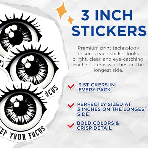 (3 Pack) Keep Your Focus Decals - Eye Laptop Decal - Motivational Sticker - 3 Inches On Longest Side - Easy Peel & Apply - Made in USA - 3MCS6848