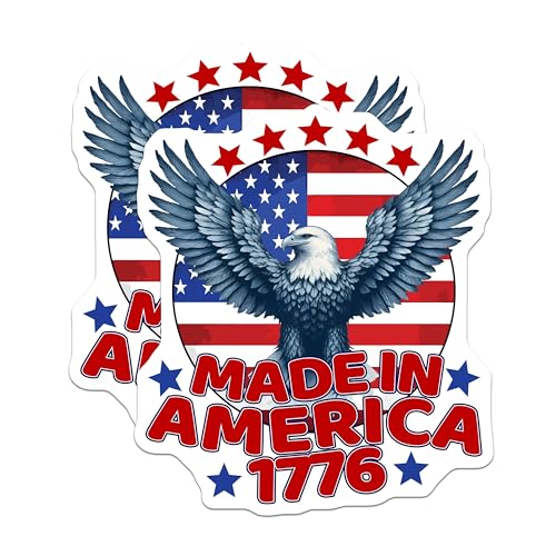 (2 Pack) Made in America 1776 Stickers - Patriotic Bald Eagle Decal - USA Flag Eagle - 5" On Longest Side - Sticks to Smooth Flat Surfaces - Made in USA - BMCS7398