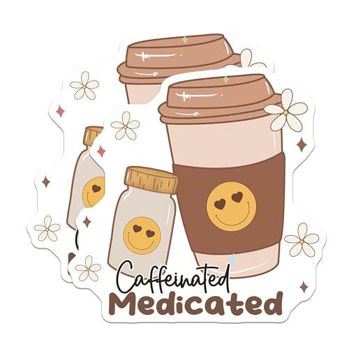 (2 Pack) Caffeinated Medicated Stickers - Cute Coffee Stickers - Smiley Face Stickers - Coffee Lover Gift Stickers - 5" On Longest Side - Sticks to Smooth Flat Surfaces - Made in USA - BMCS6476