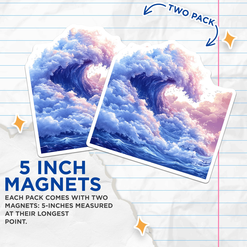(2 Pack) Cloud Wave Magnets - Dreamy Ocean Seascape - Fantasy Art Fridge Decor - 5 Inches On Longest Side - Thick Durable Magnet - Made in USA - MAG24086