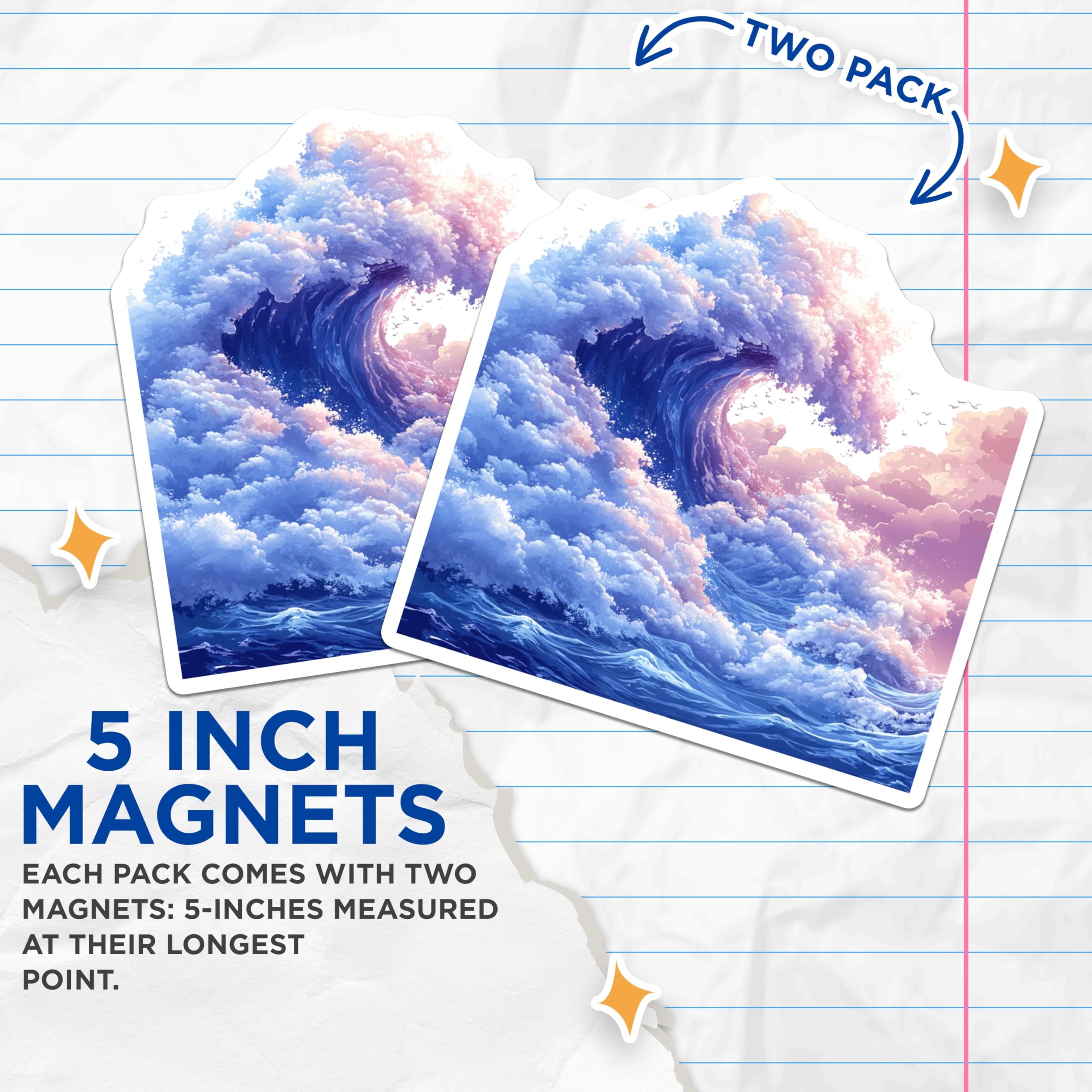 (2 Pack) Cloud Wave Magnets - Dreamy Ocean Seascape - Fantasy Art Fridge Decor - 5 Inches On Longest Side - Thick Durable Magnet - Made in USA - MAG24086