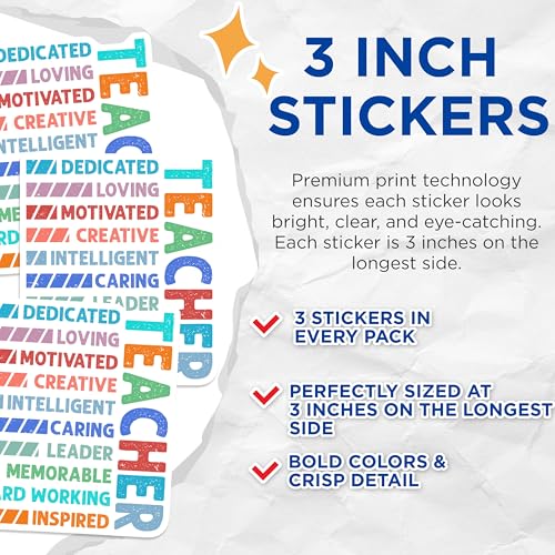 (3 Pack) Teacher Decals - Inspiring Educator Stickers - Dedicated Loving Motivated Creative Decal - 3 Inches On Longest Side - Easy Peel & Apply - Made in USA - 3MCS4556