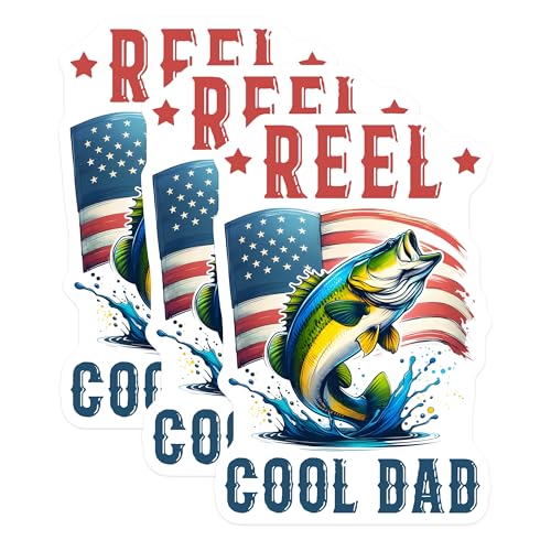 (3 Pack) Bass Fishing Decals - Reel Cool Dad - American Flag Decal - 3 Inches On Longest Side - Easy Peel & Apply - Made in USA - 3MCS2011