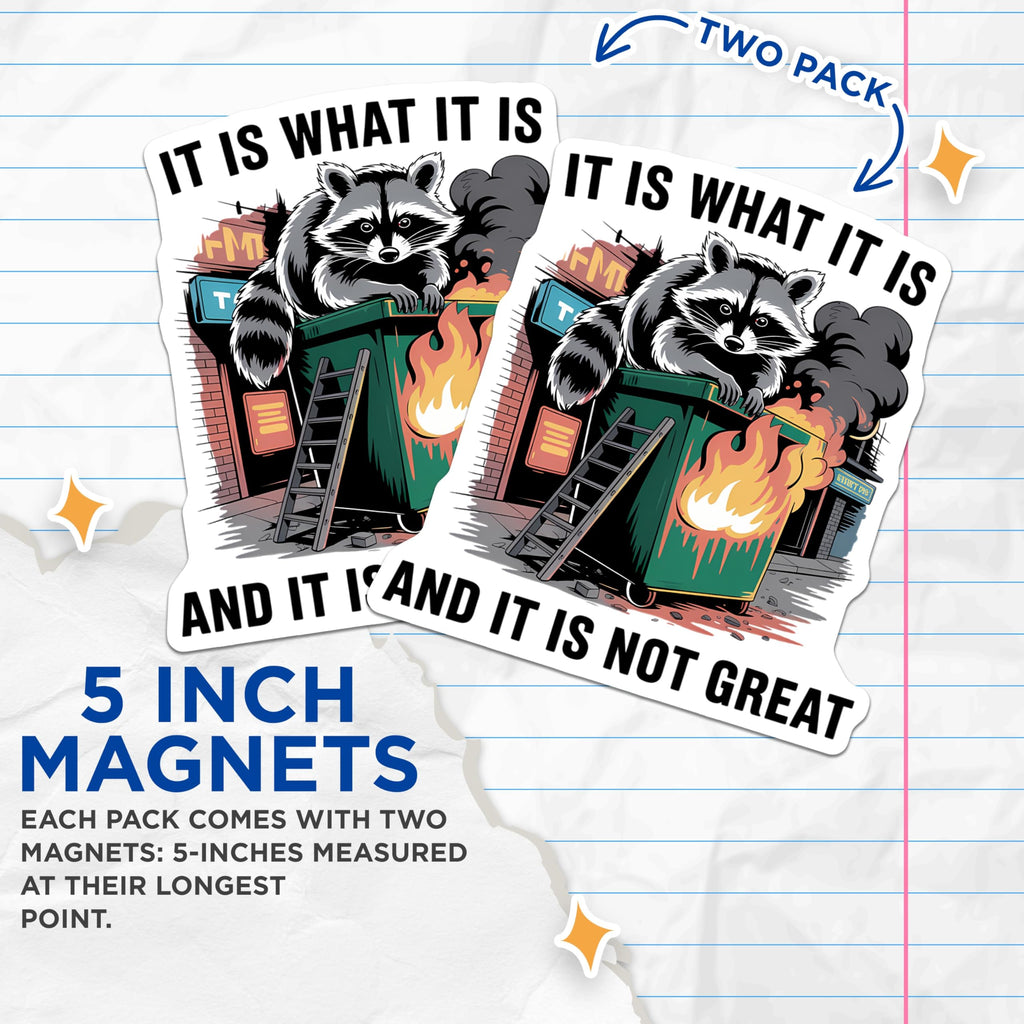 (2 Pack) Raccoon Dumpster Fire Magnets - It is What It is Meme - Funny Sarcastic Animal Fridge Decor - 5 Inches On Longest Side - Thick Durable Magnet - Made in USA - MAG23209