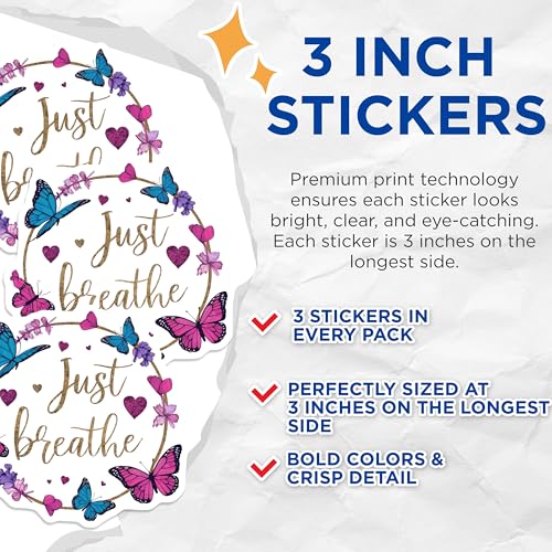 (3 Pack) Just Breathe Decals - Butterfly Flower Heart - Inspirational Laptop Decals - 3 Inches On Longest Side - Easy Peel & Apply - Made in USA - 3MCS7698