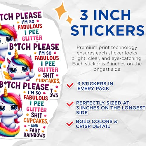 (3 Pack) Funny Unicorn Decals - Rude Rainbow Humor - Sarcastic Quote Decal - 3 Inches On Longest Side - Easy Peel & Apply - Made in USA - 3MCS2125