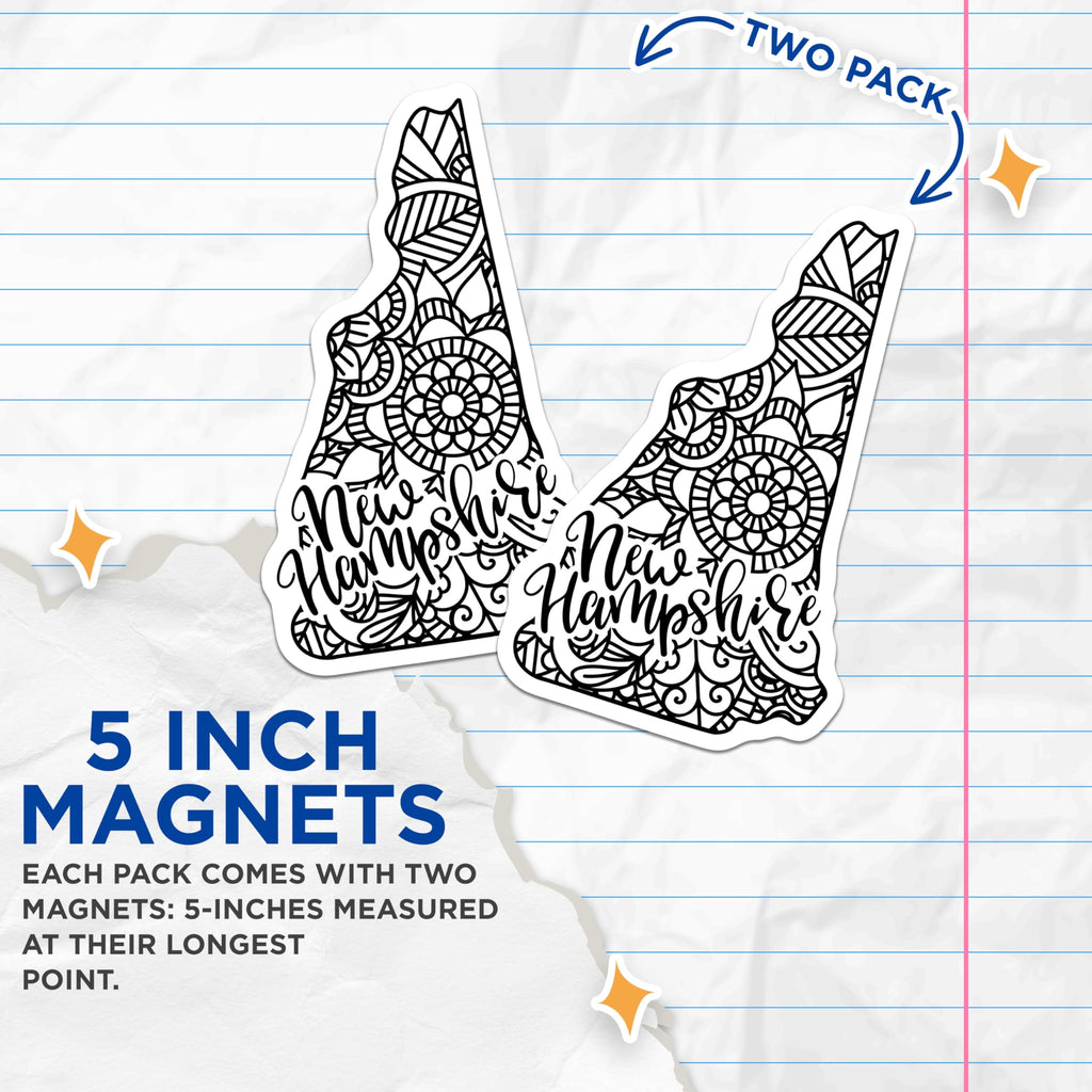 (2 Pack) New Hampshire State Map Magnets - Intricate Mandala Pattern - Granite State USA Decor Souvenir - 5 Inches On Longest Side - Thick Durable Magnet - Made in USA - MAG21267