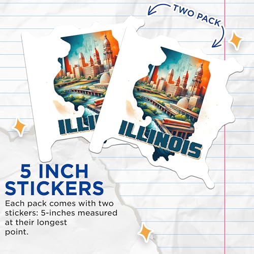 (2 Pack) Illinois Travel Stickers - State Souvenir Stickers - Cityscape Stickers - 5" On Longest Side - Sticks to Smooth Flat Surfaces - Made in USA - BMCS5100