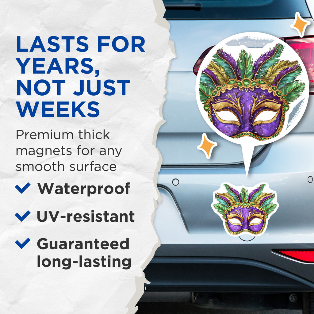 (2 Pack) Mardi Gras Magnets - Masquerade Mask - New Orleans Decor - Carnival Party - Festive Celebration - 5 Inches On Longest Side - Thick Durable Magnet - Made in USA - MAG38799