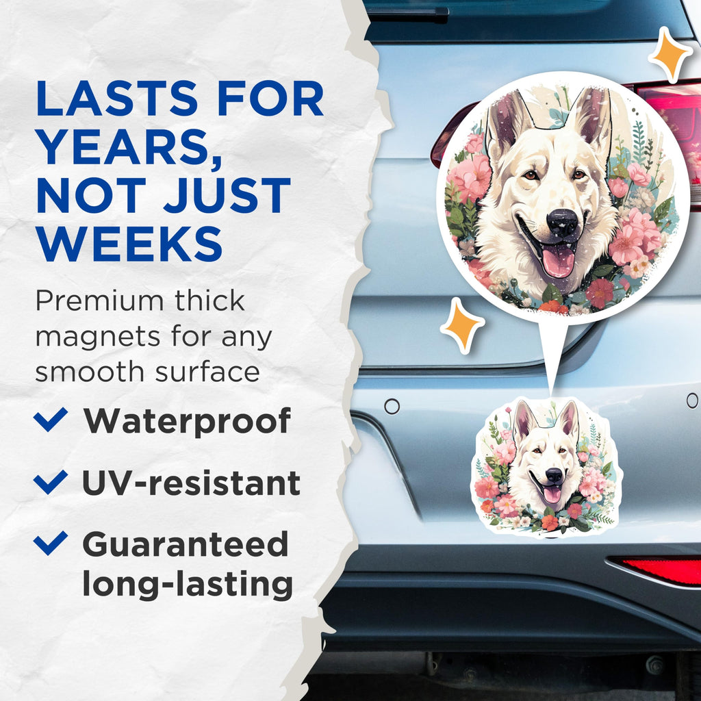 (2 Pack) White German Shepherd Magnets - Floral Dog Lover Decor - Pet Parent Refrigerator Animal Art - 5 Inches On Longest Side - Thick Durable Magnet - Made in USA - MAG25386