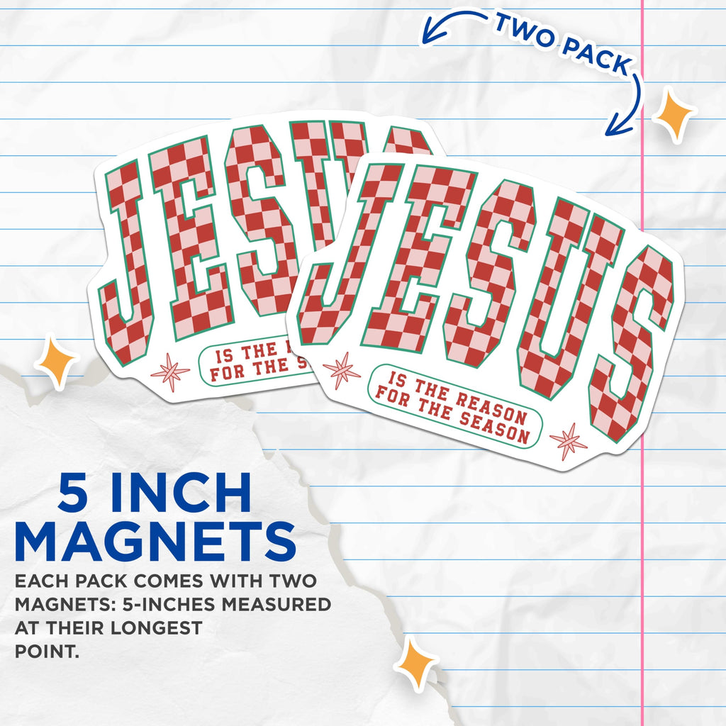 (2 Pack) Jesus is The Reason for The Season Magnets - Christian Christmas Decor - Retro Holiday Faith Set - 5 Inches On Longest Side - Thick Durable Magnet - Made in USA - MAG29469