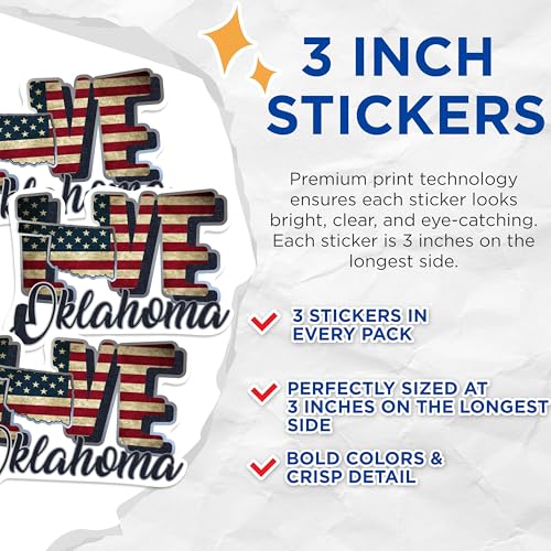 (3 Pack) Oklahoma Decals - American Flag Decal - Love Oklahoma Decals - 3 Inches On Longest Side - Easy Peel & Apply - Made in USA - 3MCS0327