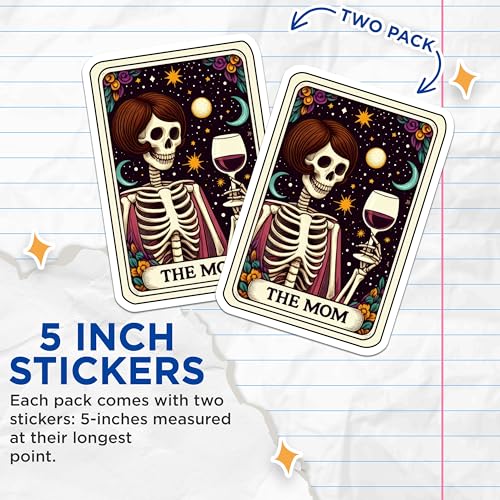(2 Pack) The Mom Skeleton Stickers - Gothic Art Stickers - Unique Skeleton Wine Stickers - 5" On Longest Side - Sticks to Smooth Flat Surfaces - Made in USA - BMCS5456