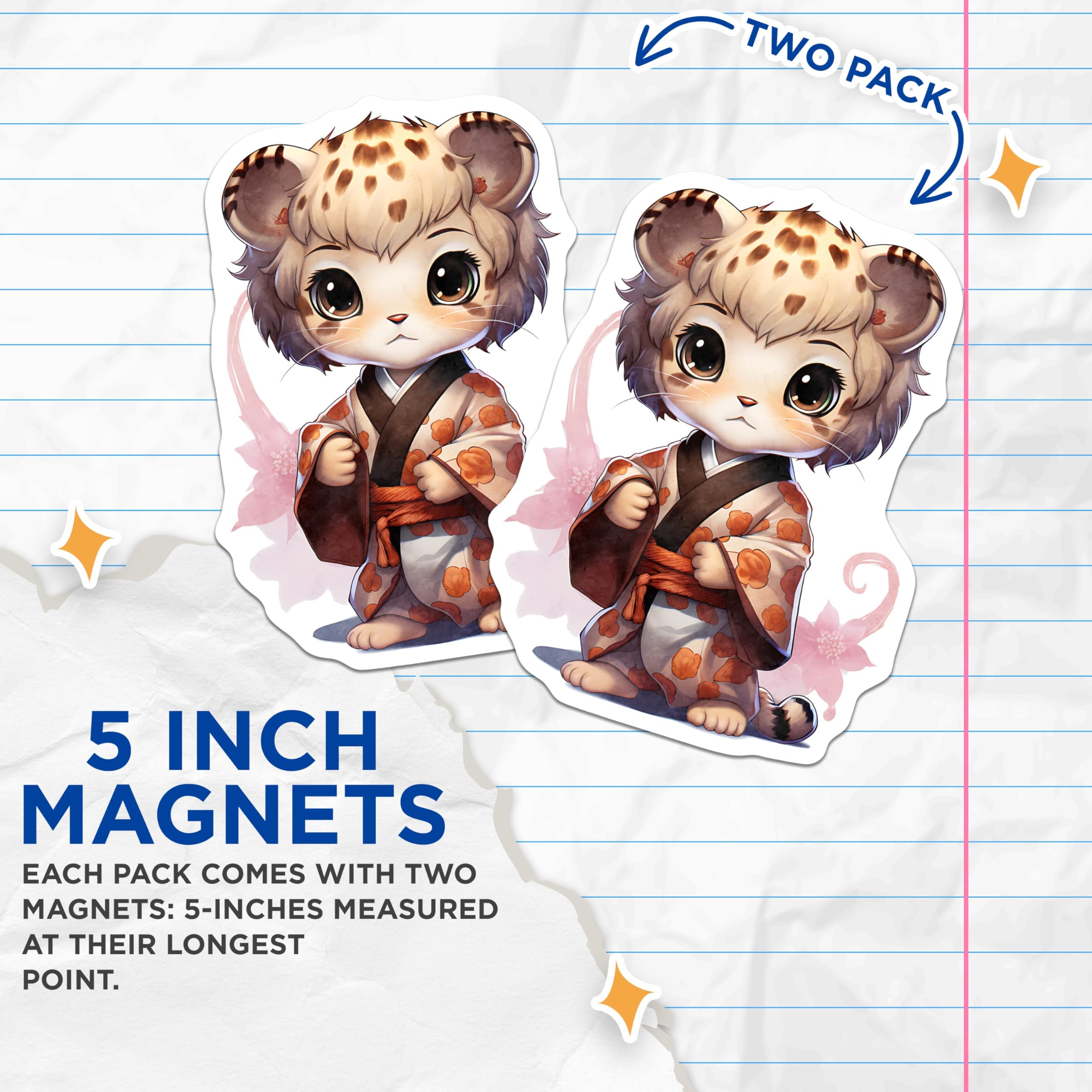 (2 Pack) Cute Snow Leopard Magnets - Anime Kitten Kawaii Art - Fridge Decor - 5" On Longest Side - Premium Magnet - for Cars, Refrigerators, Toolboxes, Lockers - Made in USA - MAG16535